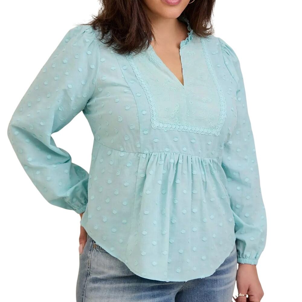 Torrid NWT Light Sky Blue Clip Dot Mixed Eyelet Yoke Long Sleeve Babydoll Top
